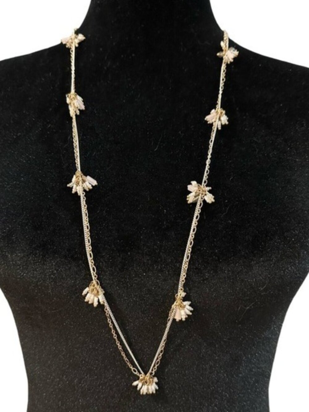 Beaded Crystal Flowers Necklace Multi Strand Long Length Gold Tone White Pink